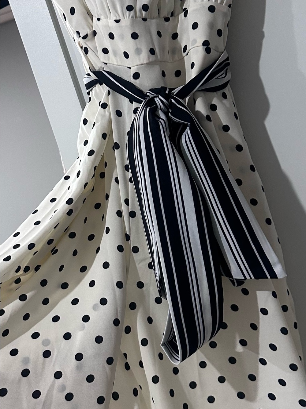 Valentine Ivory and Black Polka Dot Jumpsuit with Striped Waist Tie